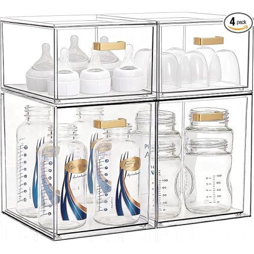Clear Stackable Drawer Organizer, 4 Pack Acrylic Storage Drawers with Pull-Out Design, Space-Saving Organizer for Bathroom, Vanity, Kitchen & Office