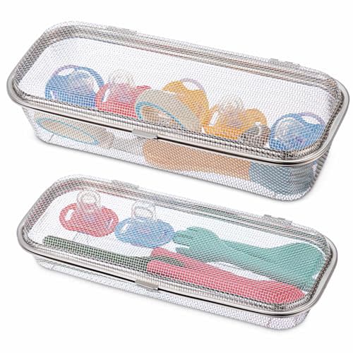 LemonRoad 2 Pack Stainless Steel Dishwasher Basket, Replacement Utensil Mesh Drain for Small Bottle Parts, Pacifiers, and Accessories, Scoops, Forks, Chopsticks Cleaning (Large+medium)