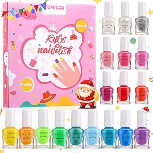 TOMICCA Kids Nail Polish Sets, 18 Pcs 100% Non Toxic Peel Off Water Based Safe Quick Dry Nail Polish Kit, Birthday Gifts Nail Paint Set for Girls with Nail Separator Stickers Kit (Ages 3+)