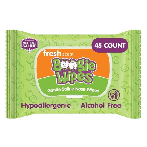 Boogie Saline Nose Wipes Fresh Scent - 45 Count | Hypoallergenic & Alcohol-Free, Allergy Relief, Made with Natural Saline, Aloe, Chamomile & Vitamin E, Diaper Bag Essential
