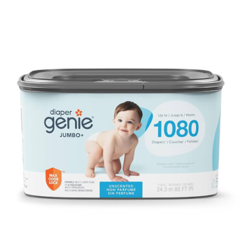 The Diaper Genie Jumbo+ Square Refill, with continuous film, can hold up to 1080 newborn-sized diapers per refill.
