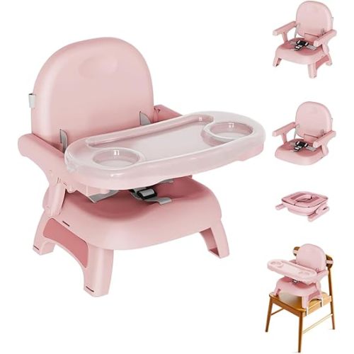 BBsecure Booster Seat for Kitchen Chair, 3-in-1 Foldable & Portable Booster Seat with Tray, Extra Dishwasher-Safe Tray, Safety Straps for 6–18M (Up to 30 lbs), for Dining Table, Travel & Camping, Pink