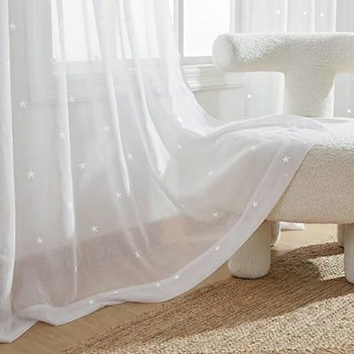 Deconovo Embroidered White Sheer Curtains for Bedroom, Grommet Top, Set of 2, 52W x 96L in per Panel, White Sheer Panels with White-on-White mini Stars Embroidery
