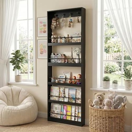 holzart Tall Wall Mounted Bookshelf with Hooks, 71.2" Narrow Behind The Door Organizer, Space-Saving Wooden Magazine Rack Display Shelf for Entryway, Living Room, Home Office, Black