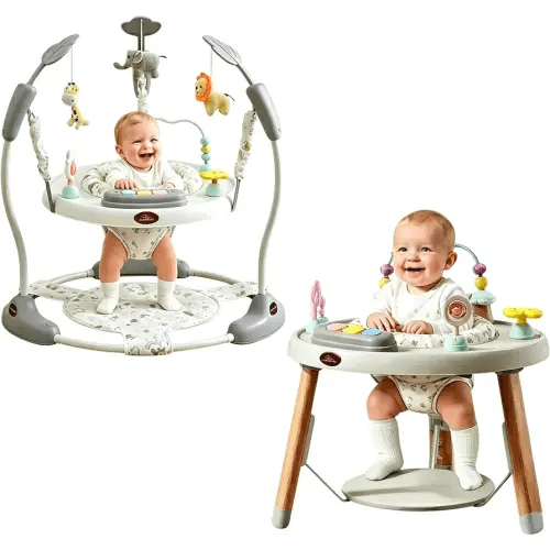 CuddoBaby Baby Jumper 4-Stage Convertible| Montessori -Inspired 8 Interactive Toys| Tummy Time Playmat, Bouncer, Exersaucer, Toddler Table| Music & Lights | 3-6, 6-12, 12-18, 12-24 Months - Gray