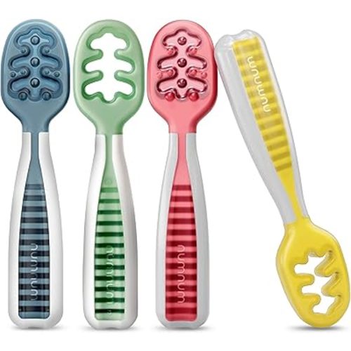 NumNum Baby Spoons Set, Baby Essentials Pre-Spoon GOOtensils for 6+ Months, First Stage Self-Feeding Spoons for Baby Led Weaning (BLW), Silicone Toddler Utensils, BPA-Free, 4 Pack Classic Colors