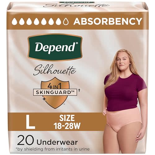 Depend Silhouette Adult Diapers, Incontinence & Postpartum Bladder Leak Underwear for Women, Maximum Absorbency, Large, Pink, 20 Count, Packaging May Vary