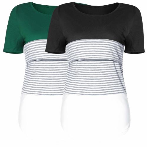 Women Short Sleeve Maternity Nursing Tops Cotton Breastfeeding Shirt Summer Pregnancy Clothes-Blackgreen-M