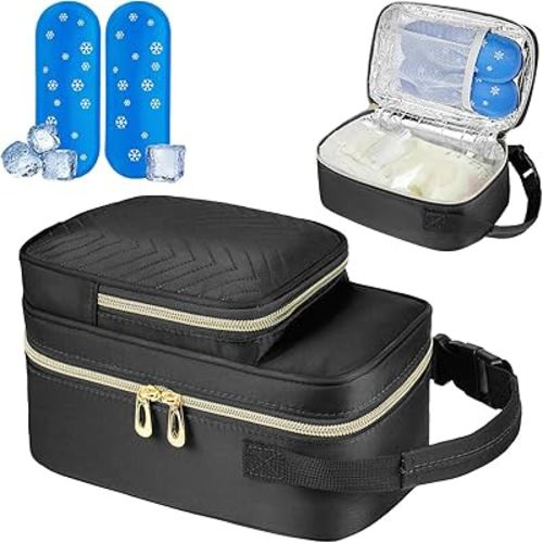 Breastmilk Cooler Travel Bag with Ice Pack,Portable Breastmilk Cooler Bag with Buckle Handle,Insulated Breastmilk Storage Bag Cooler,Black