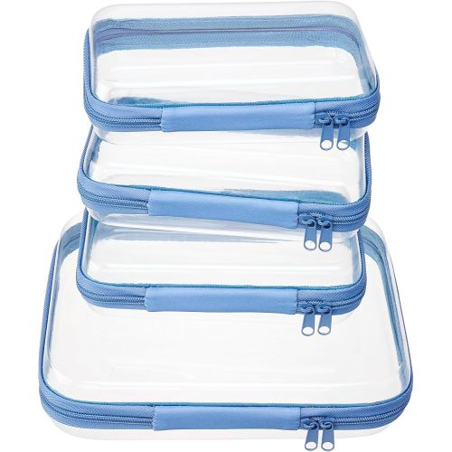 WELPIRT 4 pcs Clear Zipper Pouches,Hard Shell Zipper Case, Toiletry Bag for Travel, CLear Diaper Bag, Toiletry Pouch, Travel Organizer, Cosmetic Bag,Toy Storage Bins (M+3S) (Blue)