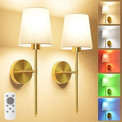 Battery Operated Wall Sconce Set of 2,Gold Wireless Wall Sconce with 5200mAh Dimmable Detachable Bulbs and Remote, 10 Colors Rechargeable Sconces Decor for Bedroom Living Room Hallway