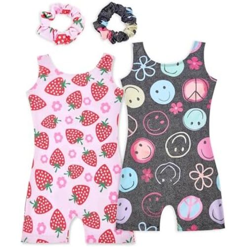 Gymnastics Leotards for Girls 2 Pack Sparkly Kids Biketards Dance Unitards Matching Hair Scrunchies