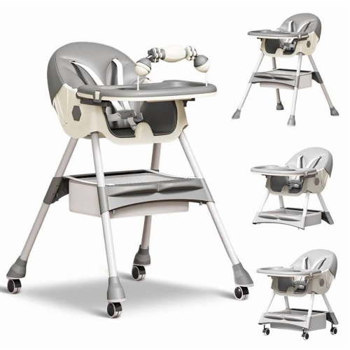 JieC Baby High Chair, 4 in 1 Convertible Highchair for Babies & Toddlers, Double Tray Dining Chair with 5-Point Harness & Silent Wheel,Gray
