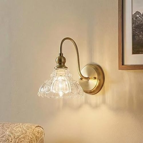 9.5" Glass Vintage Wall Sconce Light, Gold Iron Hardwired Wall Light Fixture, Clear Textured Flower Glass Shade, Wall Lamp for Bathroom Vintage Vanity Light & Bedroom, E12 Bulb Not Included