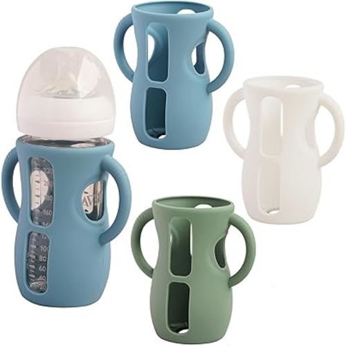 3 Pack Silicone Sleeves for Avent Natural Glass Baby Bottles, Anti Breakage Baby Bottle Holder, Compatible with Philips Avent Glass Natural Baby Bottle (Dark Blue+Dark Green+White, 8 OZ)
