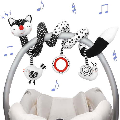 Infant Car Seat Play Toy, Newborn Dangle Spiral Plush, Black & White Activity Rattle for Stroller and Crib Mobile
