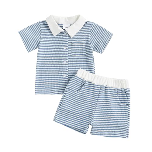 fhutpw Baby Toddler Boy Clothes Striped Button Down Shirt Tops + Elastic Waist Shorts Infant Boys Summer Outfits 2PCS Sets
