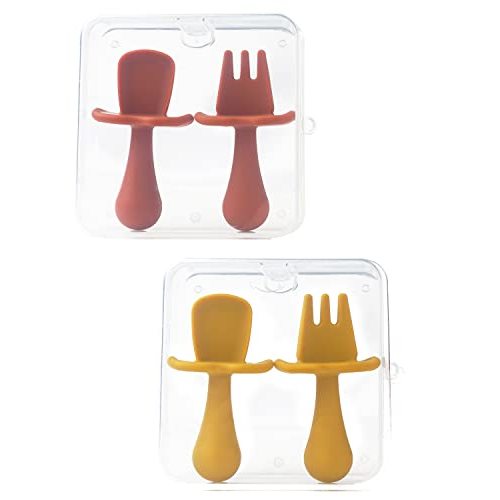 4 Pcs Baby Spoons Self Feeding 6 Months, Silicone Baby Spoons First Stage, Toddler Utensils for Baby Led Weaning with 2 Cases (Caramel, Tumeric)