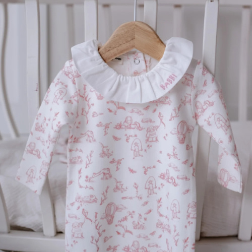 Toile De Jouy Pink Baby Onesie | Organic Footed Sleepwear for Newborns