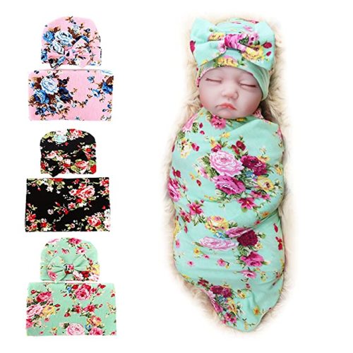DRESHOW BQUBO Newborn Receiving Blanket with Bow Hat Set Flower Print Baby Swaddle Blankets with Beanie Nursery Swaddle Wrap 3 Sets