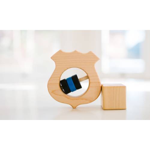 Police Shield Wooden Baby Rattle: Customizable Organic Toy  - Firefighter EMS Sheriff Law Enforcement Officer