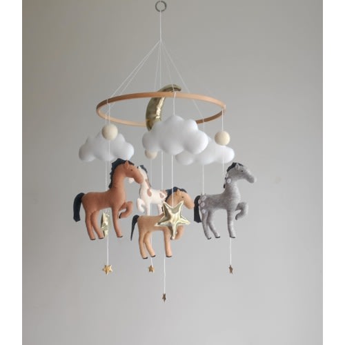 Horses Baby Mobile: Neutral Felt Moon and Clouds Nursery Decor