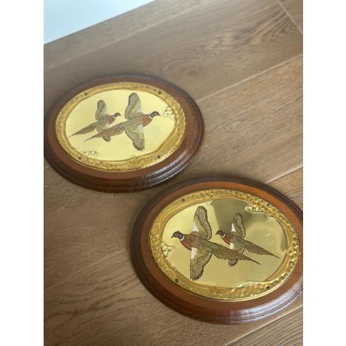 Vintage Pheasant Wall Plaque Set | Brass & Wood Hunting Lodge Decor | Rustic Cabin Wall Art | Flying Game Bird Pair | 1980s Country