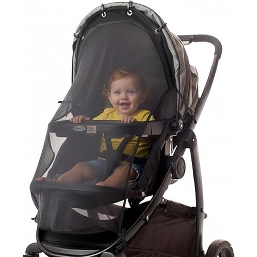Stroller Sun Shade Extender – Universal Clip-On Baby Stroller Sun Shade Cover, UV Protection, Breathable See-Through Mesh, Adjustable Fit, Large Black