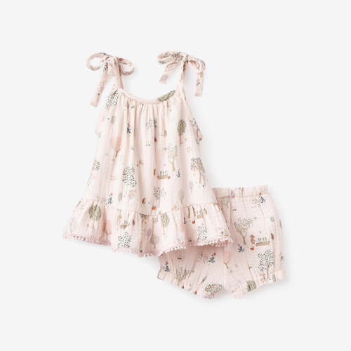 Garden Picnic Lace Edge Organic Muslin Tie Top + Bloomer Set – Elegant Baby