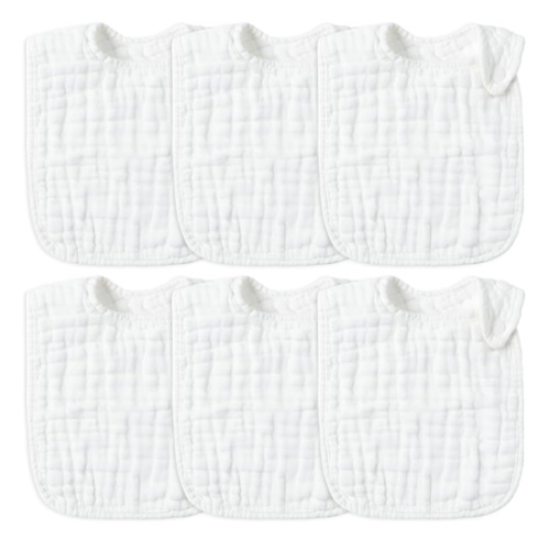 Zainpe 6Pcs Snap Muslin Cotton Baby Bibs White Adjustable Drool Bib with 6 Absorbent Soft Layers, Machine Washable
