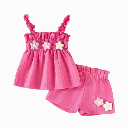 Xyant Toddler Baby Girl Summer Clothes Flower Embroidery Sleeveless Smocked Tops and Shorts Set Infant Cute Two Piece Outfit (Hot Pink,6-9 Months)