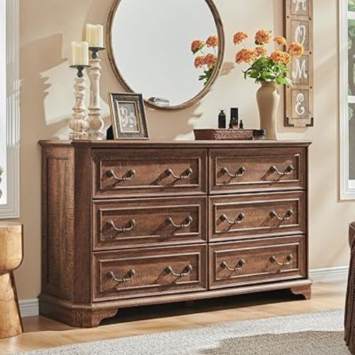 T4TREAM Farmhouse 6 Drawers Dresser for Bedroom, 54" Wide Wood Rustic Chest of Drawers with Natural Texture, Vintage Design, Storage Dressers Organizer for Bedroom, Living Room, Reclaimed Barnwood