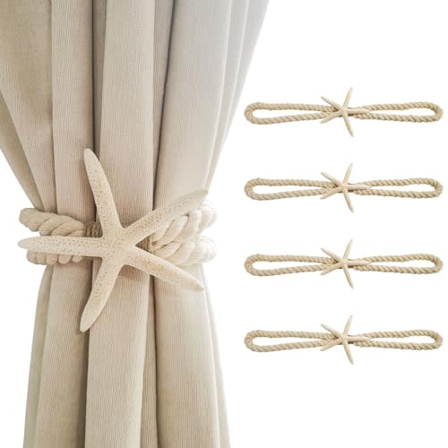 4 Pcs Natural Starfish Curtain Tiebacks, Handmade Woven Rope Curtain-Ties Scandinavian Minimalist Style Curtain Spreader for Outdoor, Hotel, Bedroom Decoration (White Finger Starfish)