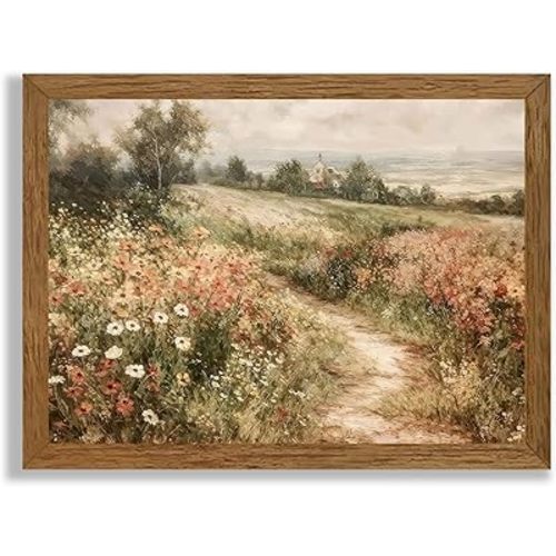 Wojuin Framed Vintage Cottagecore Canvas Wall Art, Landscape Nature Country Wildflower Wall Decor, Farmhouse Modern Rustic Fall Flower Artwork Prints for Living Room Bedroom Bathroom Office 16x24 in
