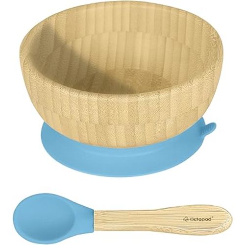 Abiie Octopod Bamboo Baby Bowl Set for 4 Months and Up – Mess-Free High Chair Suction Bowl with Spoon for Toddlers and Kids - Ergonomic Baby Feeding Essentials - 5.7" x 3" x 5.7" - Blue