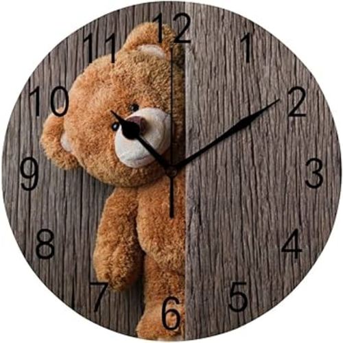 Hapuxt Wall Clock for Living Room Decor Wooden Background Cute Teddy Bear PVC 9.8 Inch Hanging Round Desk Clocks Silent Non-Ticking Battery Operated Easy to Read Bathroom Kitchen Office