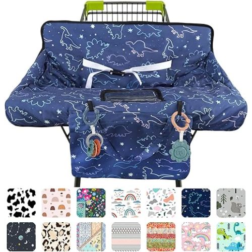 Shopping Cart Cover for Baby 2-in-1 High Chair Cover with Safety Harness Multifunctional Dark Blue Dinosaur Pattern Cart Covers for Babies Soft Padded Grocery Cart Cover for Baby Boy Girl