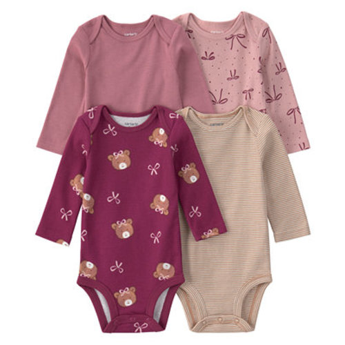 Baby Girls' Bear & Bows Long-Sleeve Snap Closure Cotton Bodysuits, 4-Pack