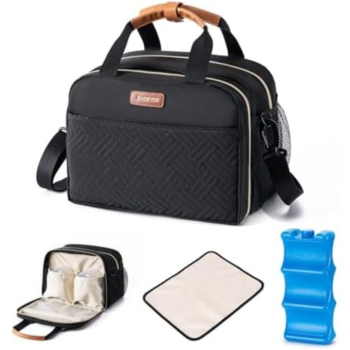 Breastmilk Cooler Bag with Ice Pack Fits 6 Baby Bottles Up to 9 Ounce, Compatible with Wearable Breast Pumps & Accessories-Black