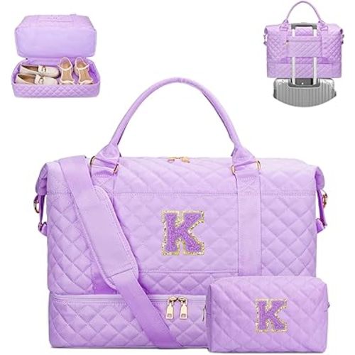 Gift for Teen Girl Initial Travel Duffle Bag Quilted Weekender Bags Carry-On Overnight with Cosmetic Bag, Gym Bag with Shoe Compartment Hospital Bag for Women Labor Delivery, Purple-K