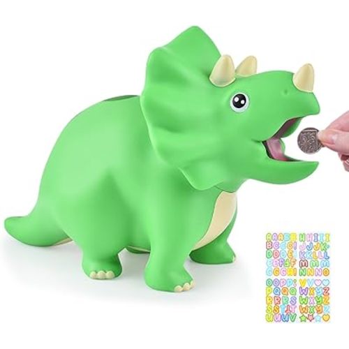 Dinosaur Piggy Bank for Kids, Unbreakable Plastic Money Coin Bank for Boys and Girls, Great Gifts for Birthday, Easter, Christmas (Green)