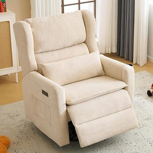 Oversized Swivel Rocker Recliner Chair, 26" Extra Wide Glider Nursery Chair with Adjustable Headrest, Chenille Power Recliner Rocking with Double Cushion, Cup Holder, Beige