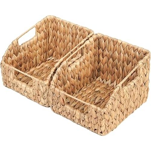 Water Hyacinth Pantry Baskets with Built-in Handles - Natural, Handwoven Wicker Storage Baskets for Storage Shelves Organizing(2 Pack)