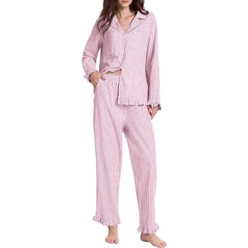 100% Cotton Striped Pajamas Set for Women Elegant Ruffle Long Sleeve Button Down 2 Piece Lounge Sleepwear Set