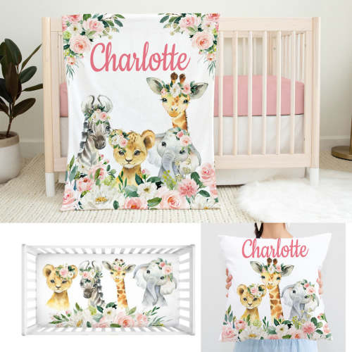 Safari Animals Blush Pink Floral Girl Nursery Collection -Crib Sheet,1 – Sweet Blooms Decor