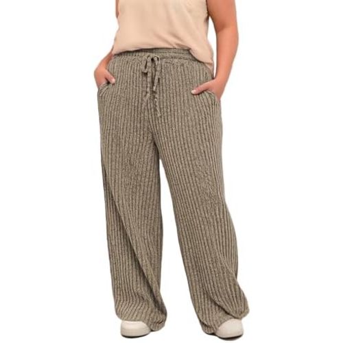 ROSRISS Womens-Plus-Size Wide Leg Pants Elastic High Waisted Casual Ribbed Knit Palazzo Pants Trousers with Pockets 1X-5X