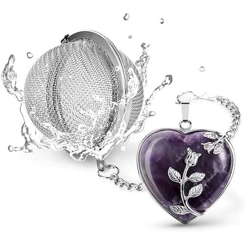 TeaSanavie Tea Infuser Tea Strainers for Loose Tea Amethyst Crystal Heart Pendant Tea Filter Infinity Love Heart Handmade Gemstone Tea Ball with Extended Chain Hook for Brew Fine Loose Tea Gift
