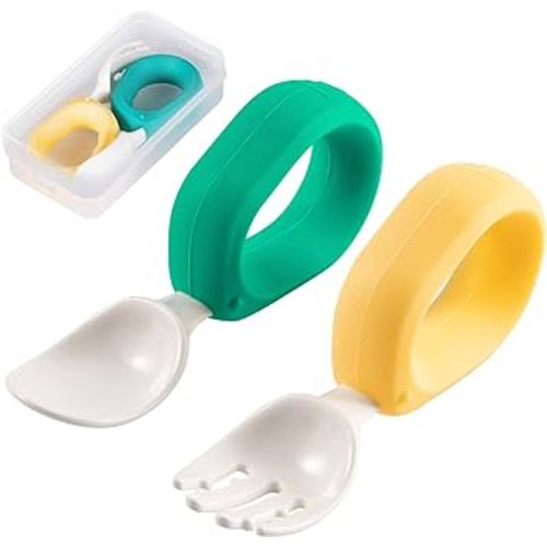 Baby Self Feeding Training Spoon and Fork Set with Travel Case, BPA-Free Cute Circle Toddler Training Utensils, Silicone/ABS Great Tableware Set Spoons Fork for Kids(Deep Green & Light Yellow)