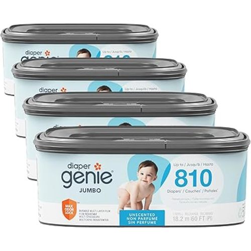 Diaper Genie Refill, Jumbo Square | Continuous Film | Holds 810 Newborn Diapers | Pack of 4