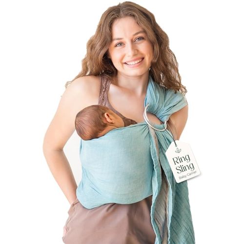Ring Sling Baby Carrier - USA Lab Tested, 100% Natural Cotton Muslin, Breathable & Ergonomic Ring Sling Grey Turquoise